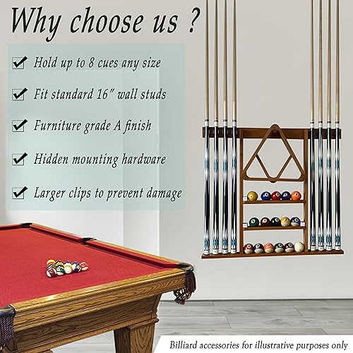 Wall Mount Pool Cue Stick Holder Hold 8 Cues Solid Wood Mahogany F3891