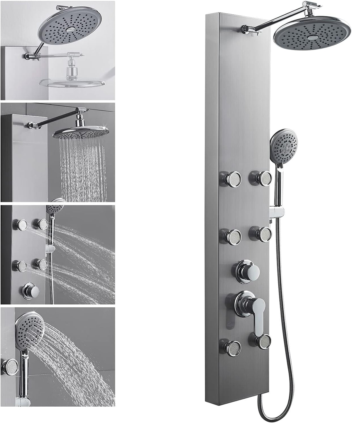 Tempered Glass Shower Panel System with Rainfall Shower, 6 Body Jets, Handheld Wand and Tub Spout W275