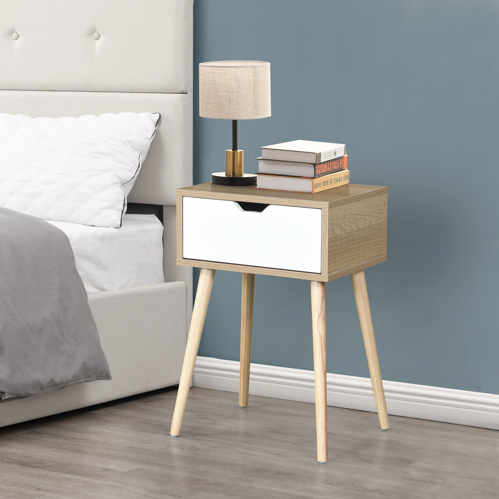 White 1 Drawer Side Table with Rubber Wood Legs S63888