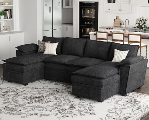 Oversized Modular Sectional Sleeper Sofa with Pull Out Bed and Storage Ottomans Chenille Black H9854