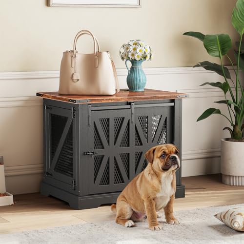 40" Heavy Duty Dog Crate Furniture with Double Doors Black L2403