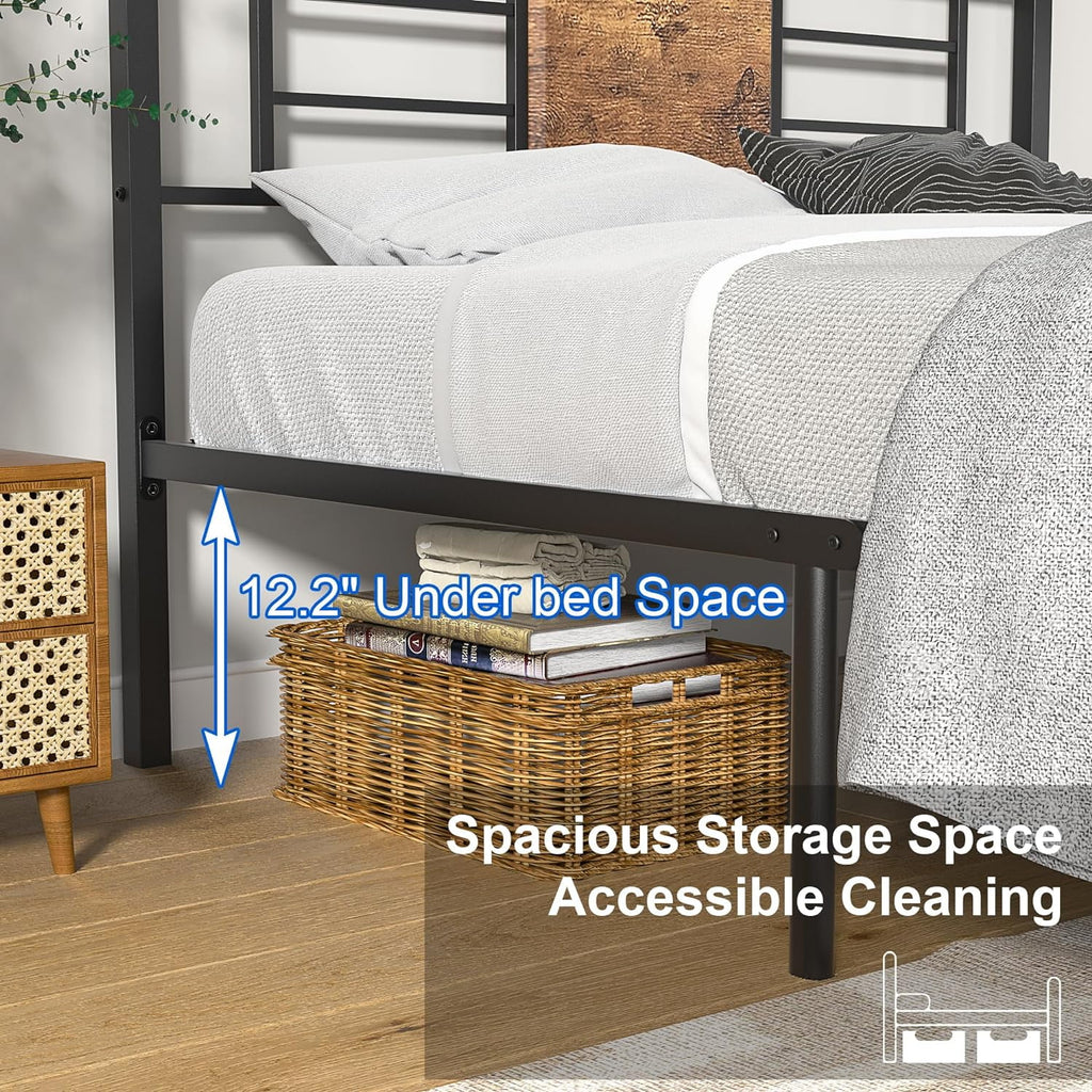 Queen Size Metal Platform Bed Frame with Wood Headboard O66186
