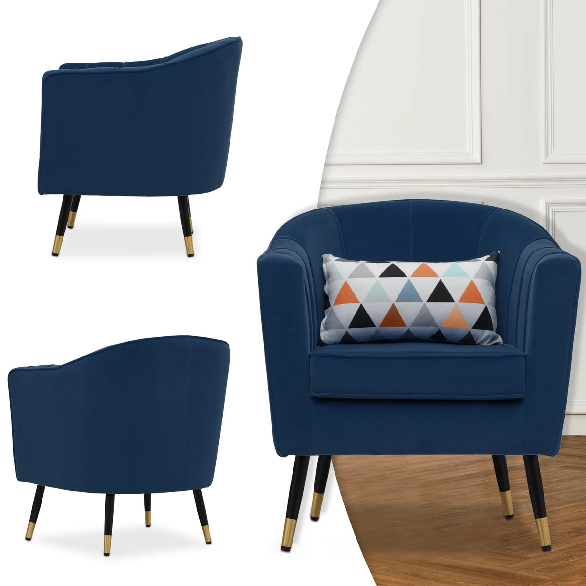Navy Blue Upholstered Barrel Chair with Pillow U39128