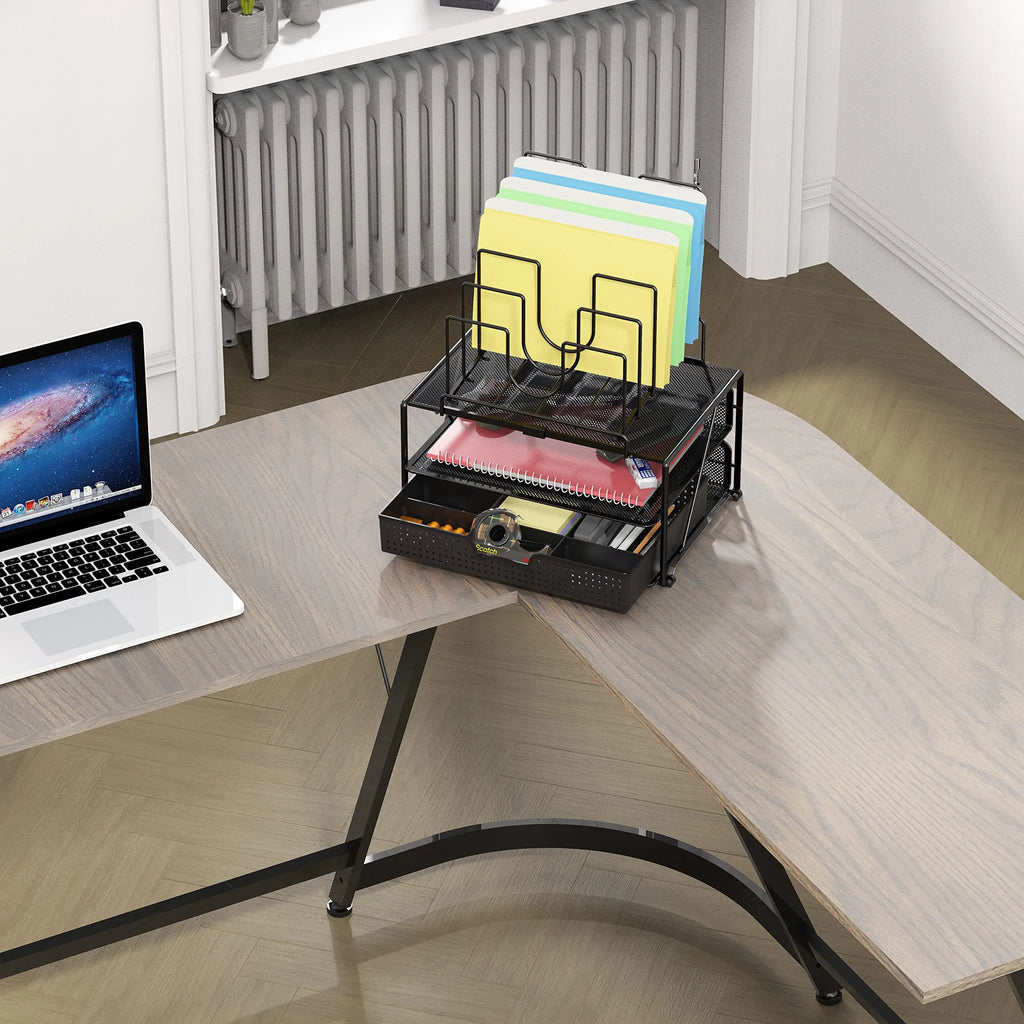 Black Mesh Desk Organizer with Double Tray and Sliding Drawer T86154