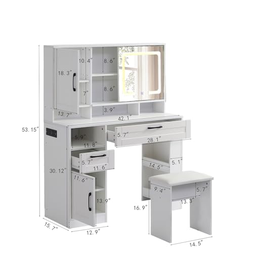 White Vanity Desk With Mirror And Cushioned Stool O14558