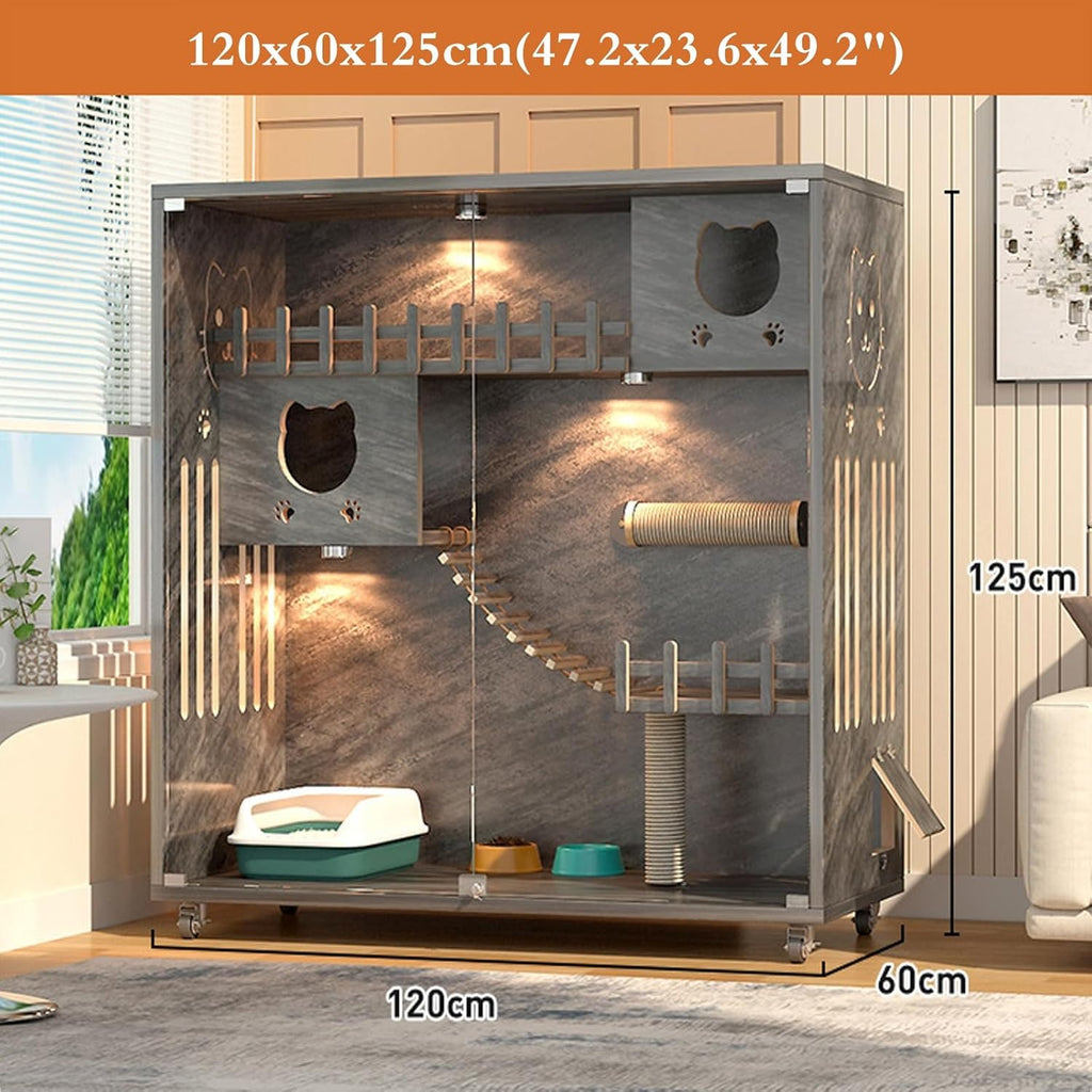 Large Wooden Cat Cage with Scratching Post and Glass Doors G1956