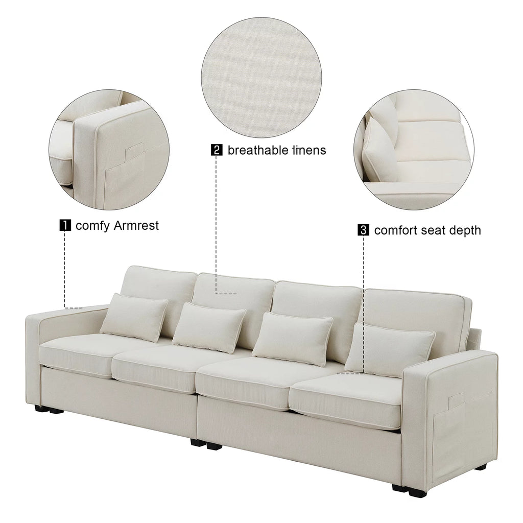Beige Linen 4 Seater Sofa with Pillows N144483