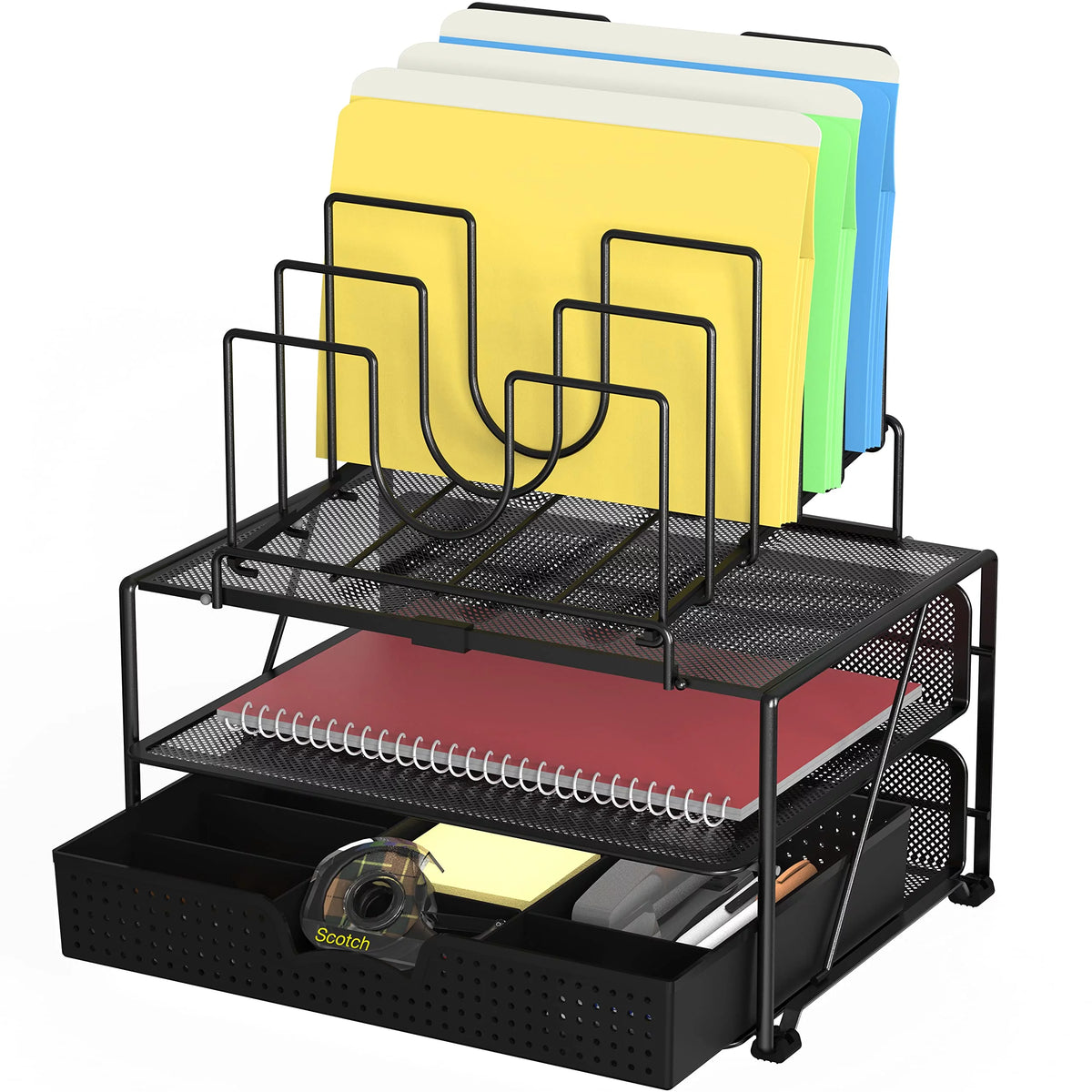 Black Mesh Desk Organizer with Double Tray and Sliding Drawer T86154