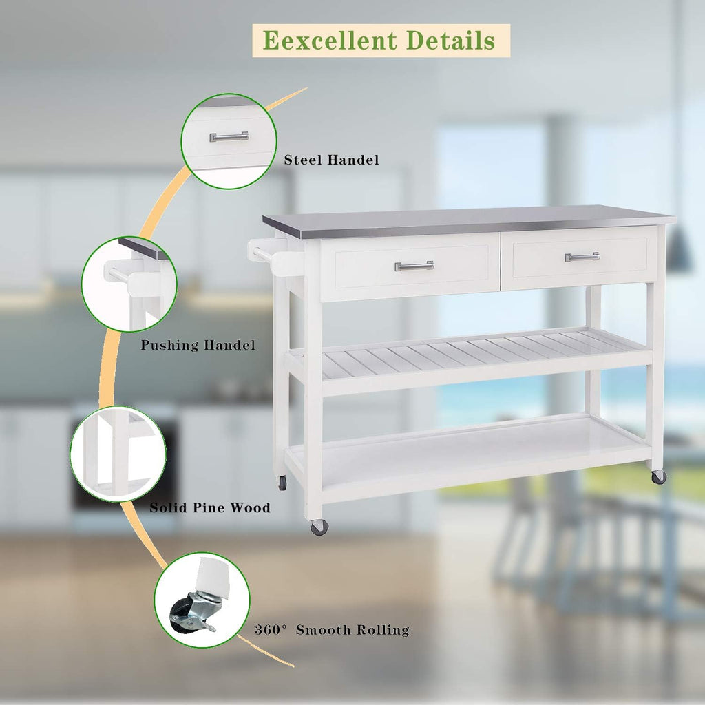 White Stainless Steel Top Kitchen Island on Wheels with 2 Drawers and Storage Shelves H7115