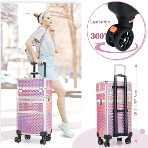 Rolling Makeup Train Case with 360° Swivel Wheels Keys C953