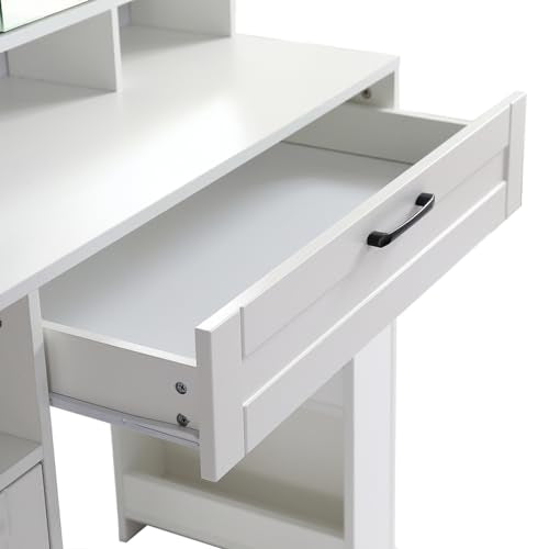 White Vanity Desk With Mirror And Cushioned Stool O14558