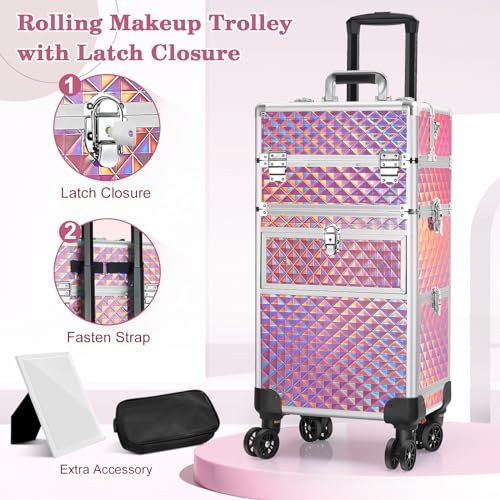 Rolling Makeup Train Case with 360° Swivel Wheels Keys C953