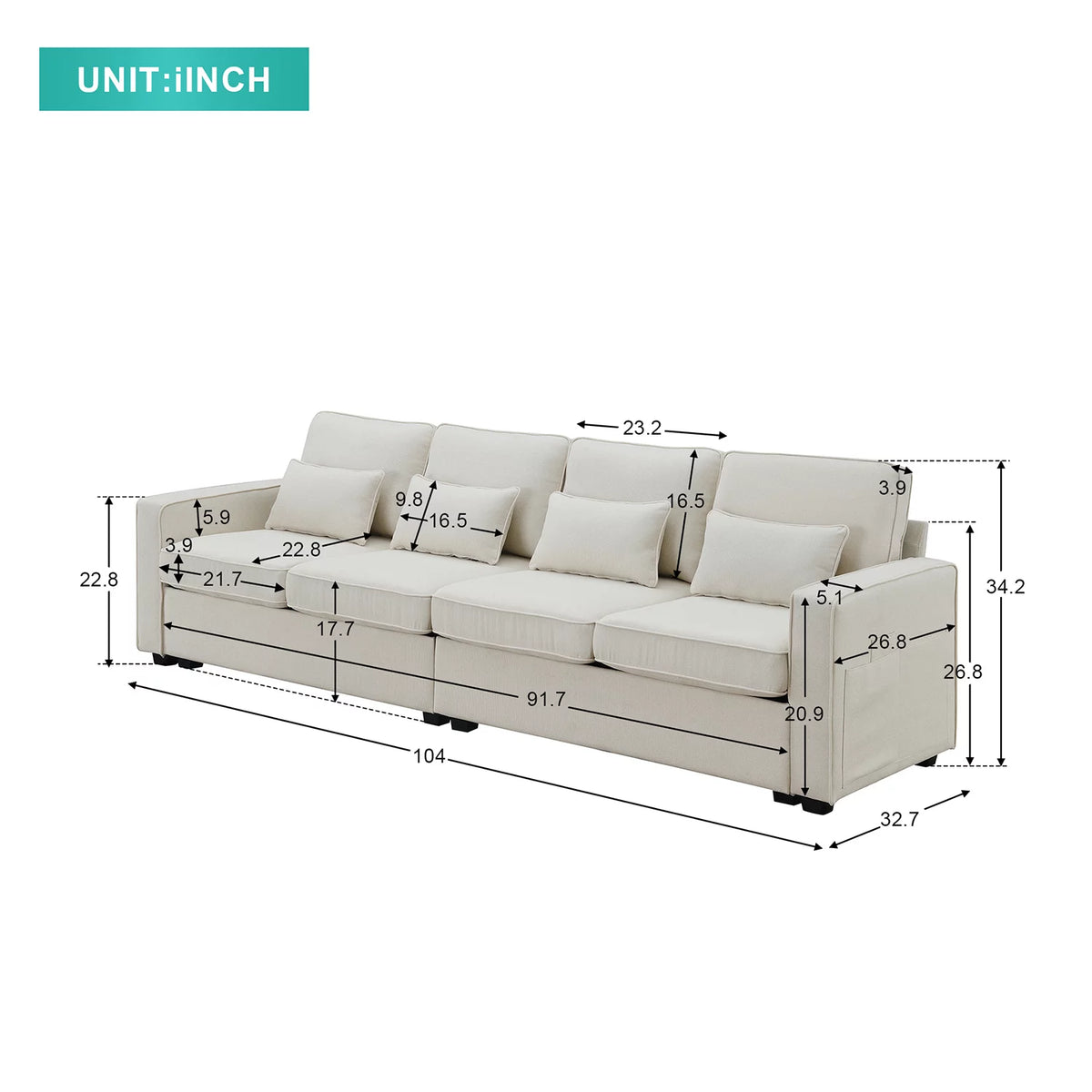 Beige Linen 4 Seater Sofa with Pillows N144483