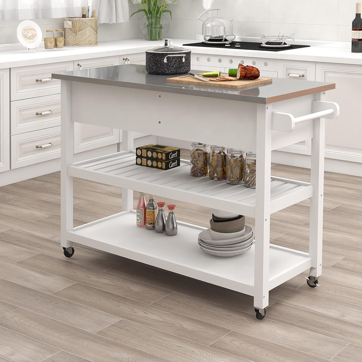 White Stainless Steel Top Kitchen Island on Wheels with 2 Drawers and Storage Shelves H7115