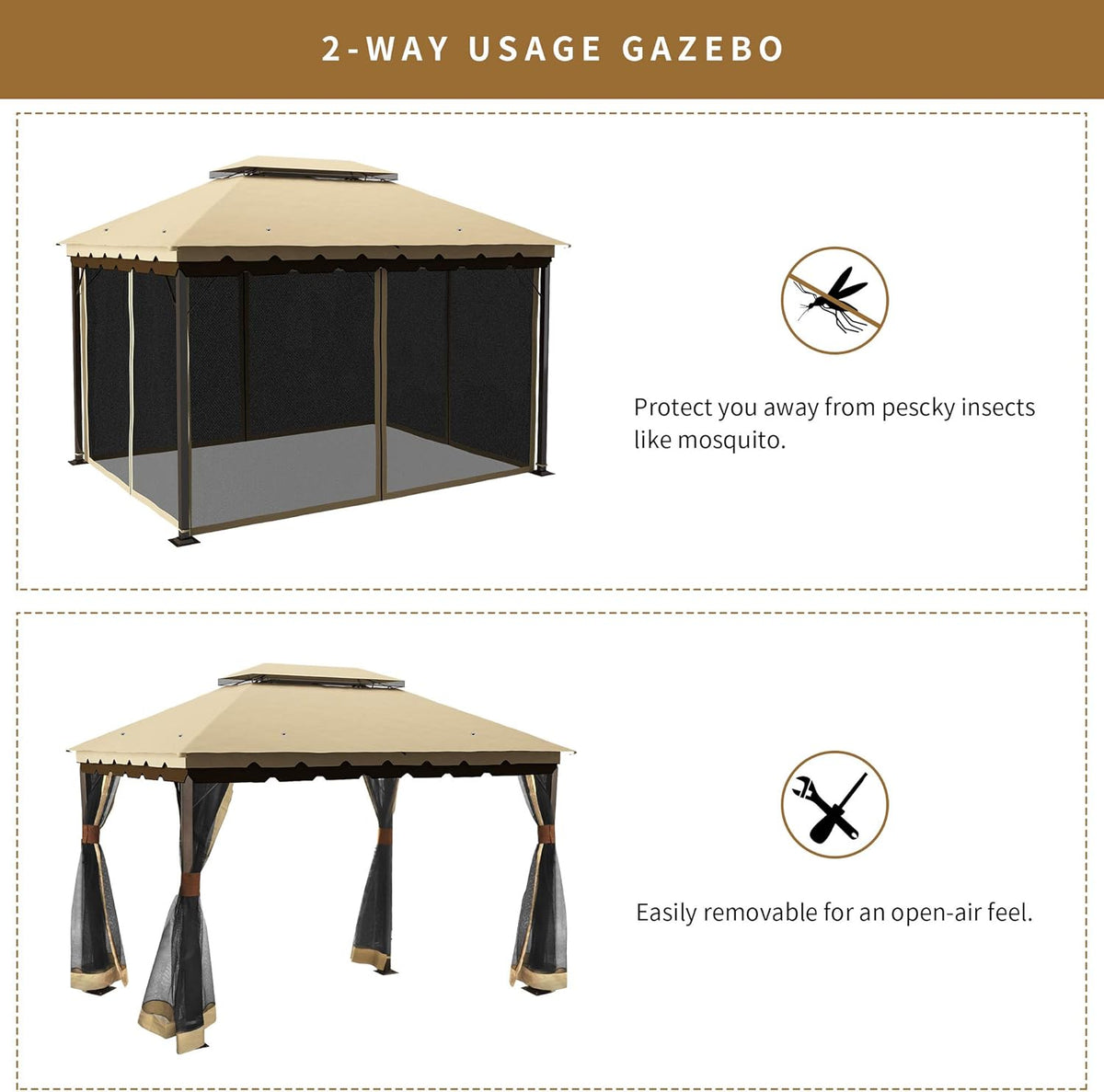 10x13 ft Khaki Steel Gazebo with Mosquito Netting A5665