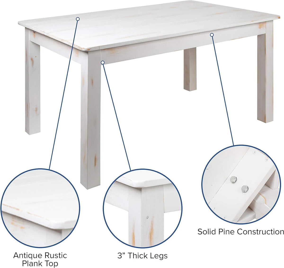 60" X 38" Rectangular Antique Rustic White Solid Pine Dining Table C100