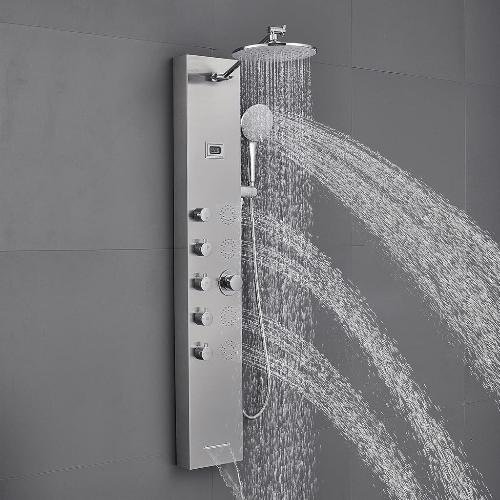 Tempered Glass Shower Panel System with Rainfall Shower, 6 Body Jets, Handheld Wand and Tub Spout W275