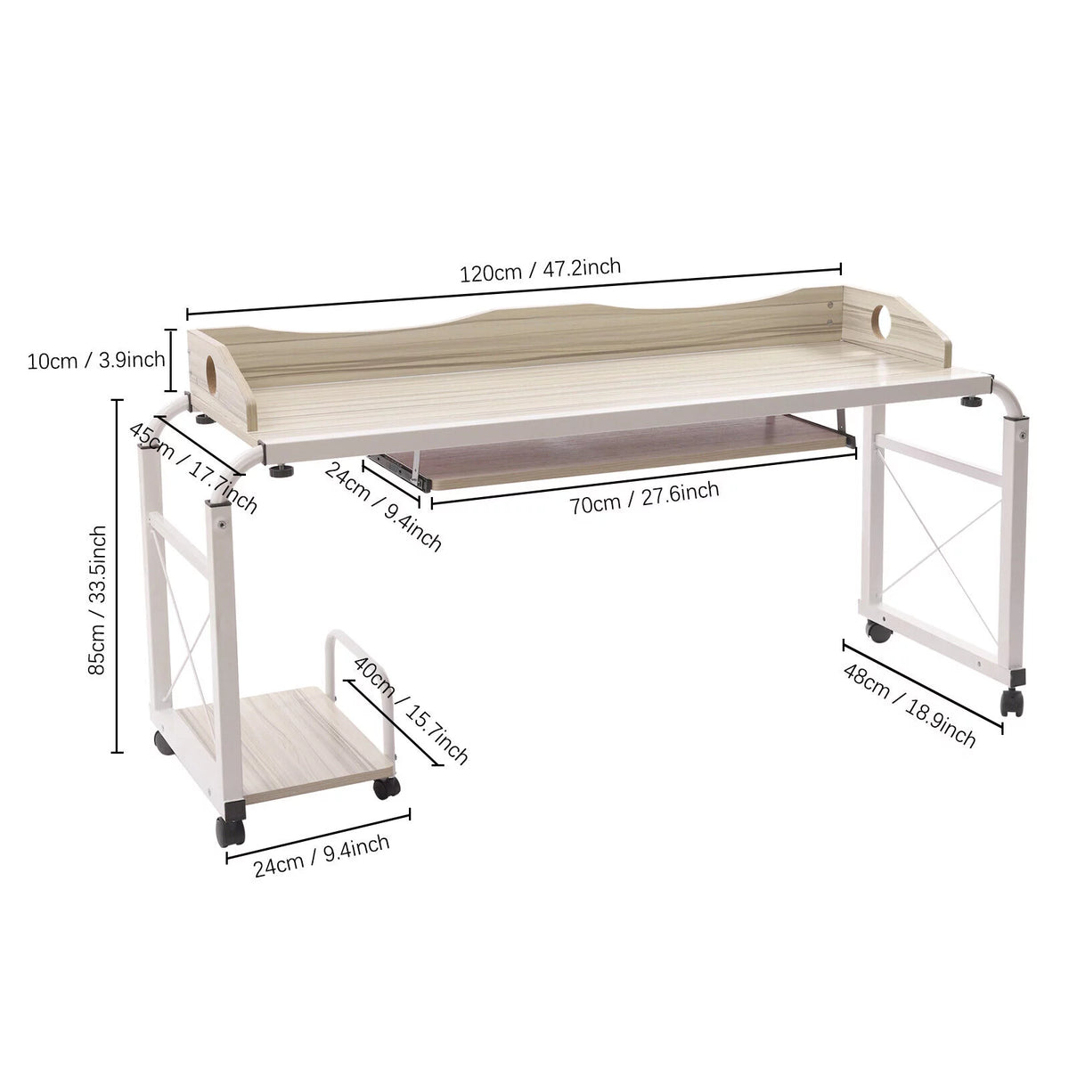 Over Bed Laptop Table Mobile Desk with Wheels Adjustable B7956