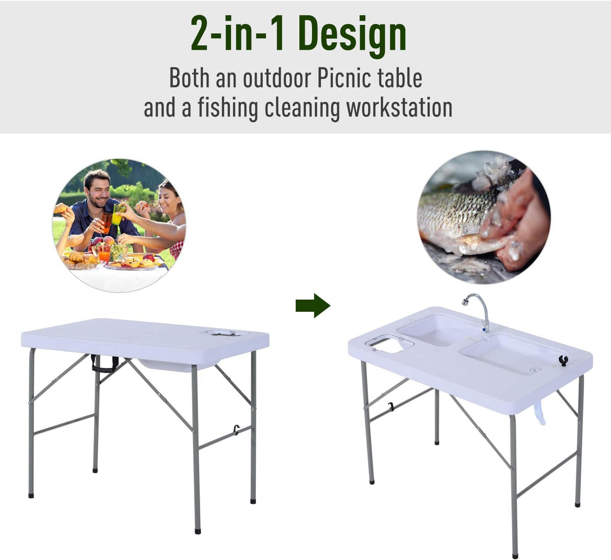 Portable Folding Camping Sink Table with Faucet and Dual Water Basins M5317