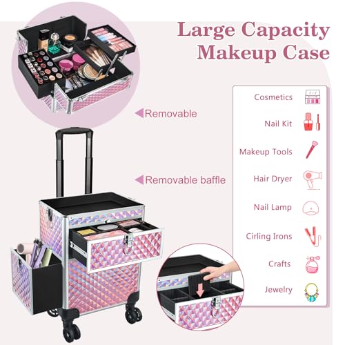 Rolling Makeup Train Case with 360° Swivel Wheels Keys C953
