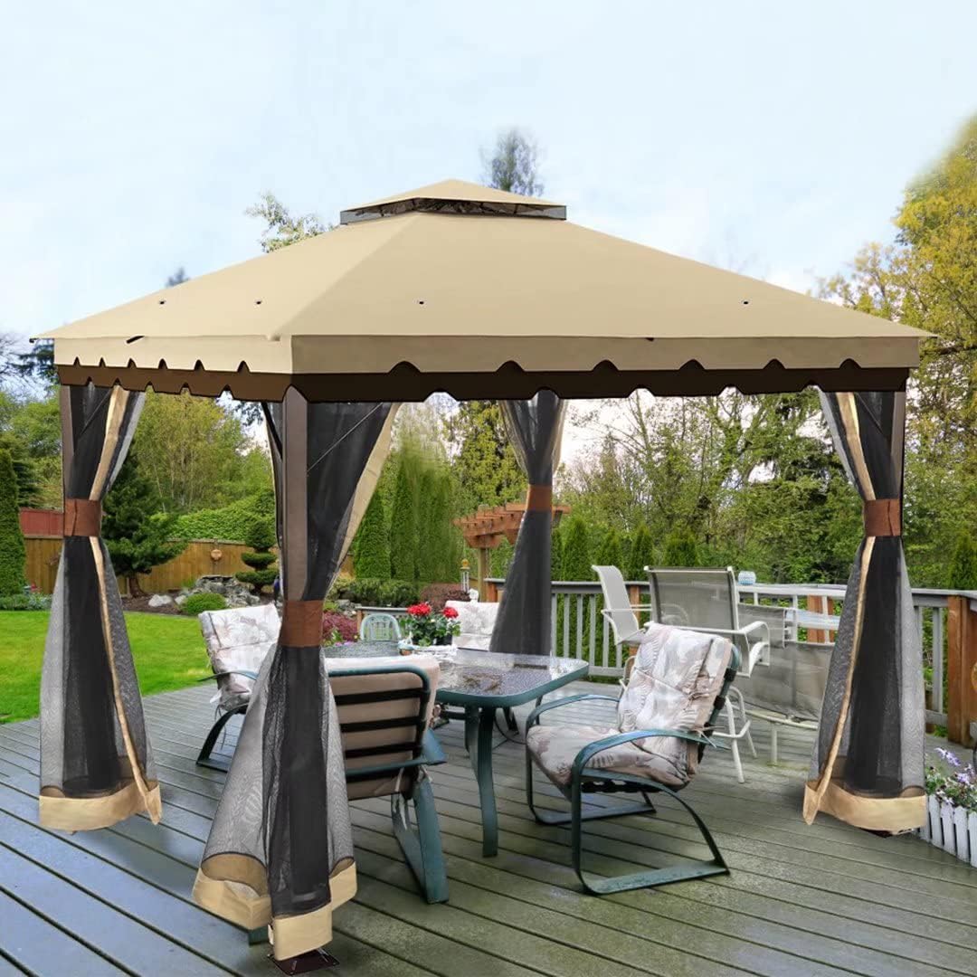10x13 ft Khaki Steel Gazebo with Mosquito Netting A5665