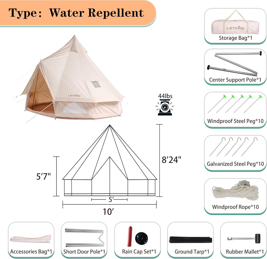 Canvas Tent with Stove Jack, 4 Season Waterproof Cotton Bell Tent Y821