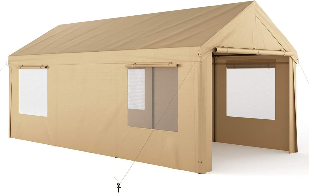 10x20ft Heavy Duty Carport with Removable Sidewalls & Doors, Beige I950704