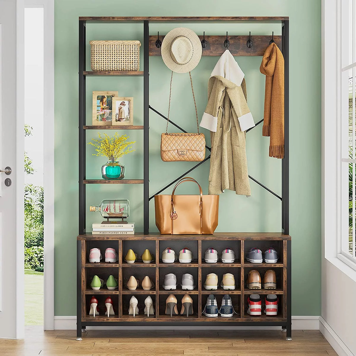 Industrial Hall Tree with Bench and Shoe Storage and Coat Rack L410