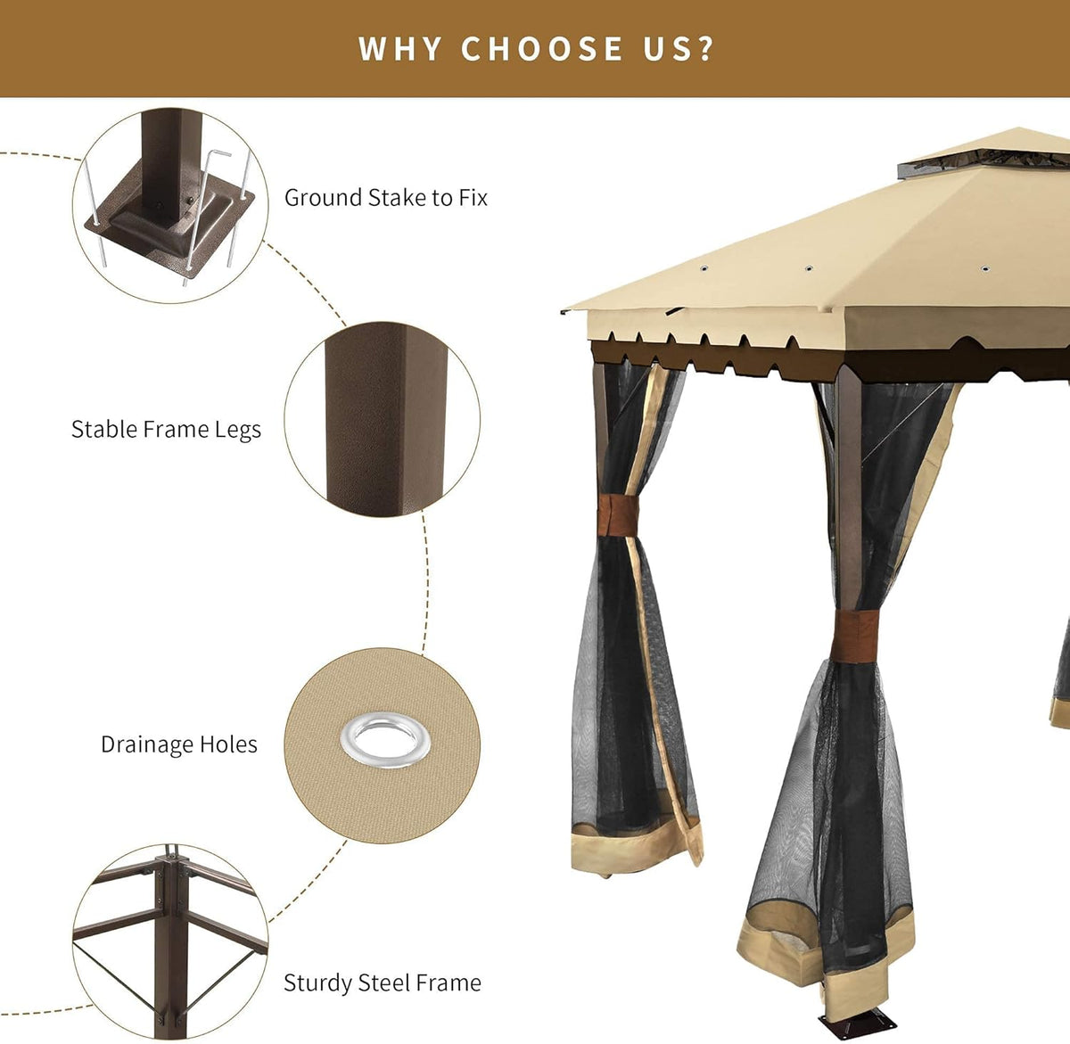 10x13 ft Khaki Steel Gazebo with Mosquito Netting A5665