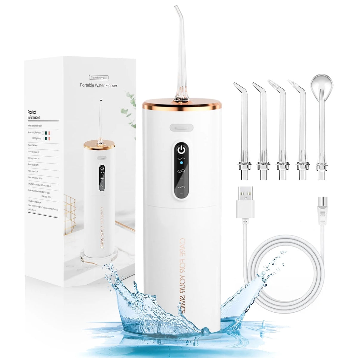 Portable Cordless Electric Water Flosser with 5 Jet Tips, 3 Modes, 280ml Water Tank, IPX7 Waterproof, All White X729
