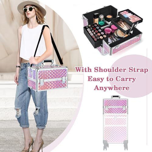 Rolling Makeup Train Case with 360° Swivel Wheels Keys C953