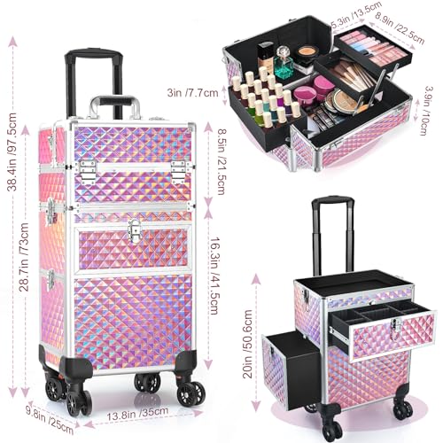 Rolling Makeup Train Case with 360° Swivel Wheels Keys C953