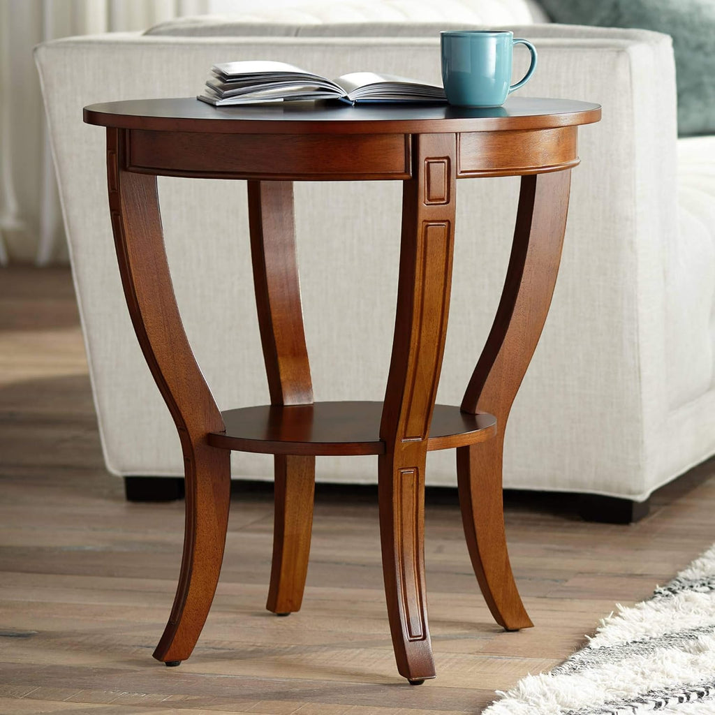 Rustic Cherry Wood Round Accent Side End Table 26" Wide Natural Grain Curving Legs R71396