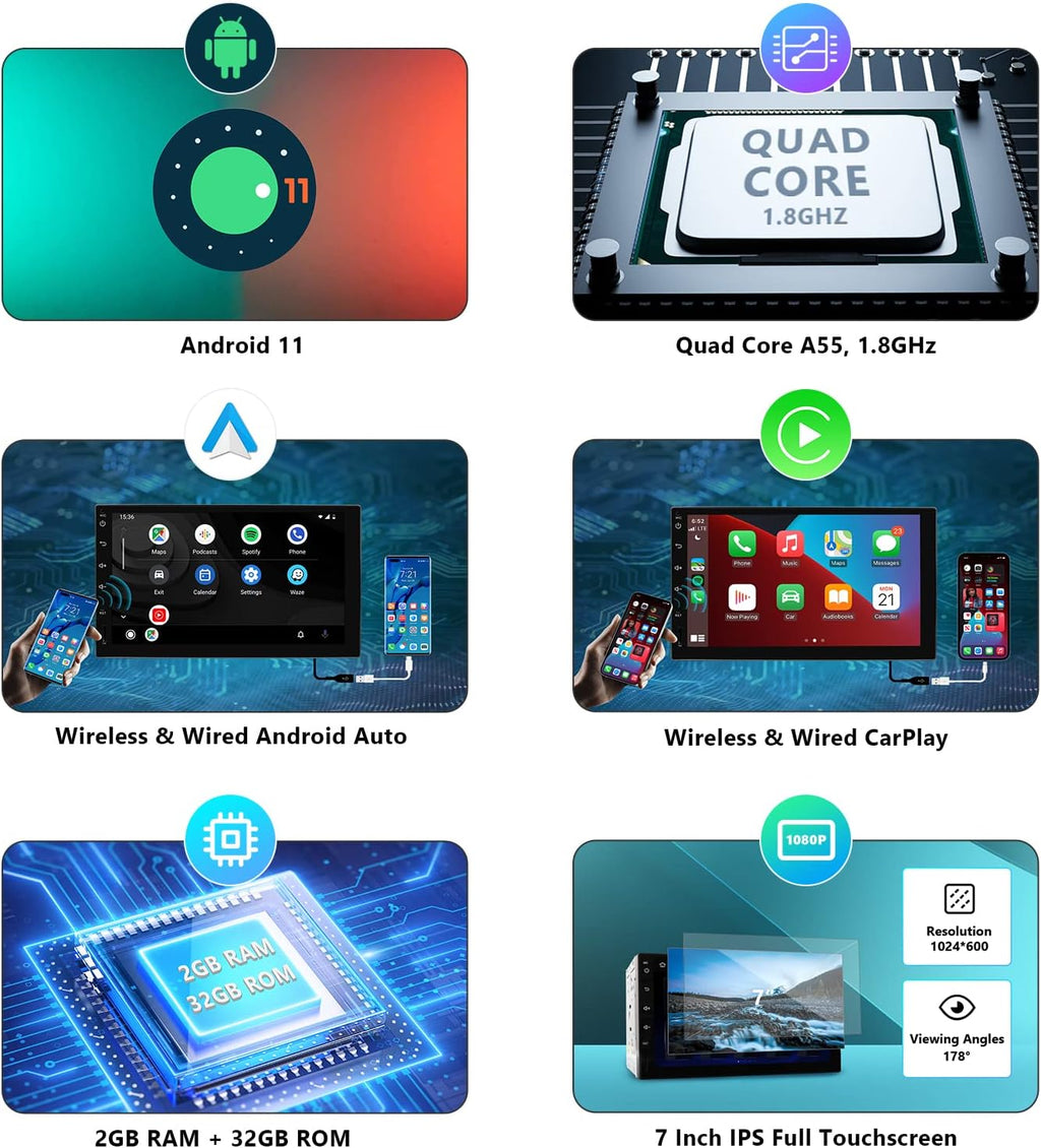 Android 11 Car Stereo with CarPlay Android Auto 7 Inch Double Din O34165