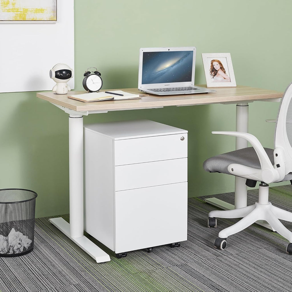 White 3 Drawer Steel Mobile File Cabinet with Lock V465