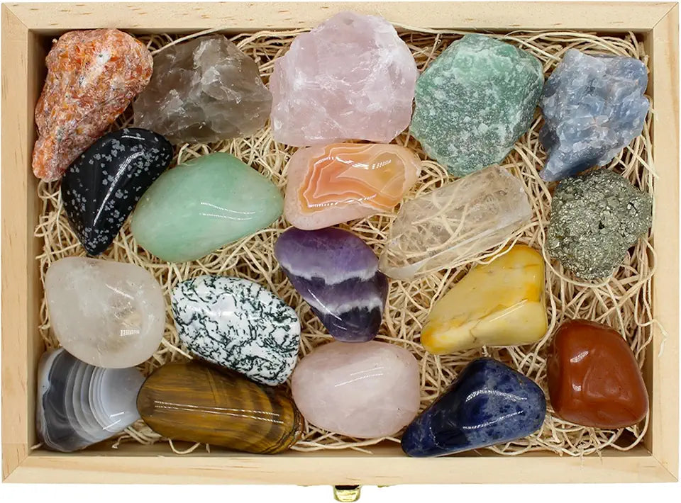19 Piece Tumbled Stones & Raw Crystals Set with Wooden Box & Velvet Pouch S9500