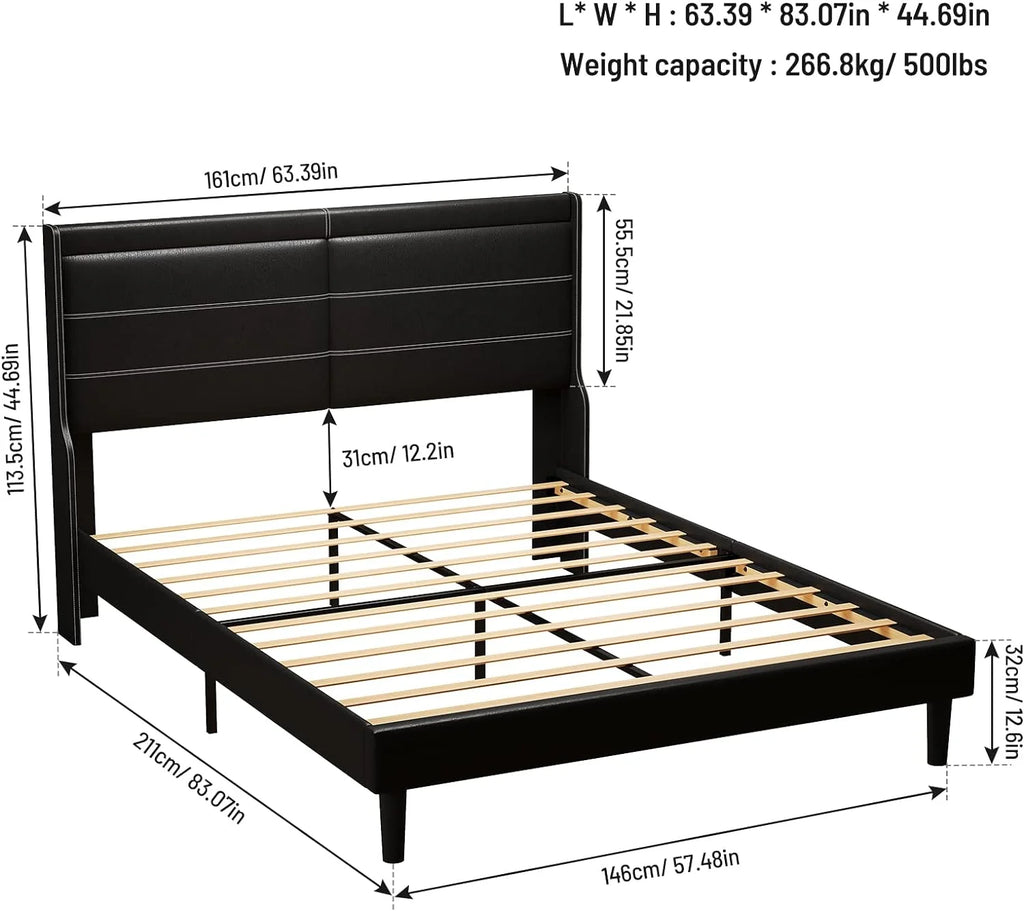 Antique Black PU Leather Upholstered LED Queen Size Platform Bed Frame G513