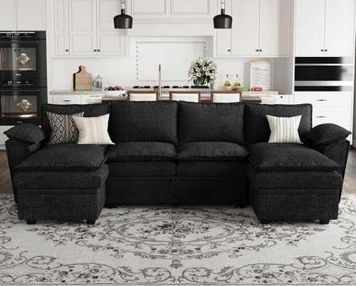 Oversized Modular Sectional Sleeper Sofa with Pull Out Bed and Storage Ottomans Chenille Black H9854
