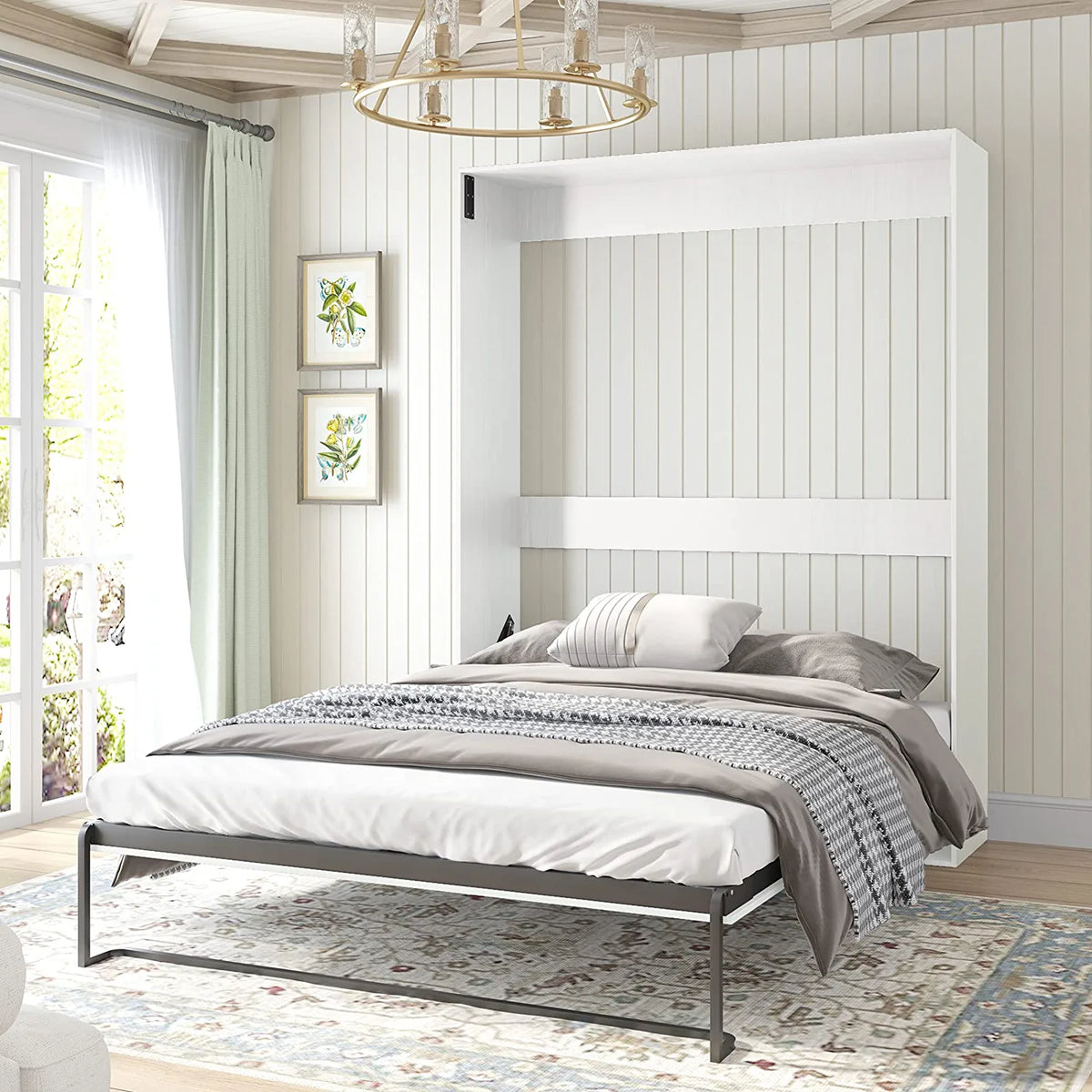White Queen Murphy Bed with Wardrobe U691