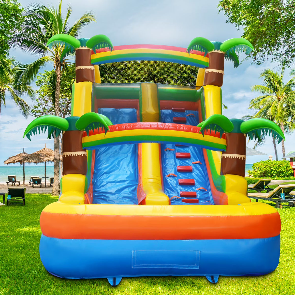 21 ft Inflatable Water Slide with Air Blower, Climbing Wall, Splash Pool E837