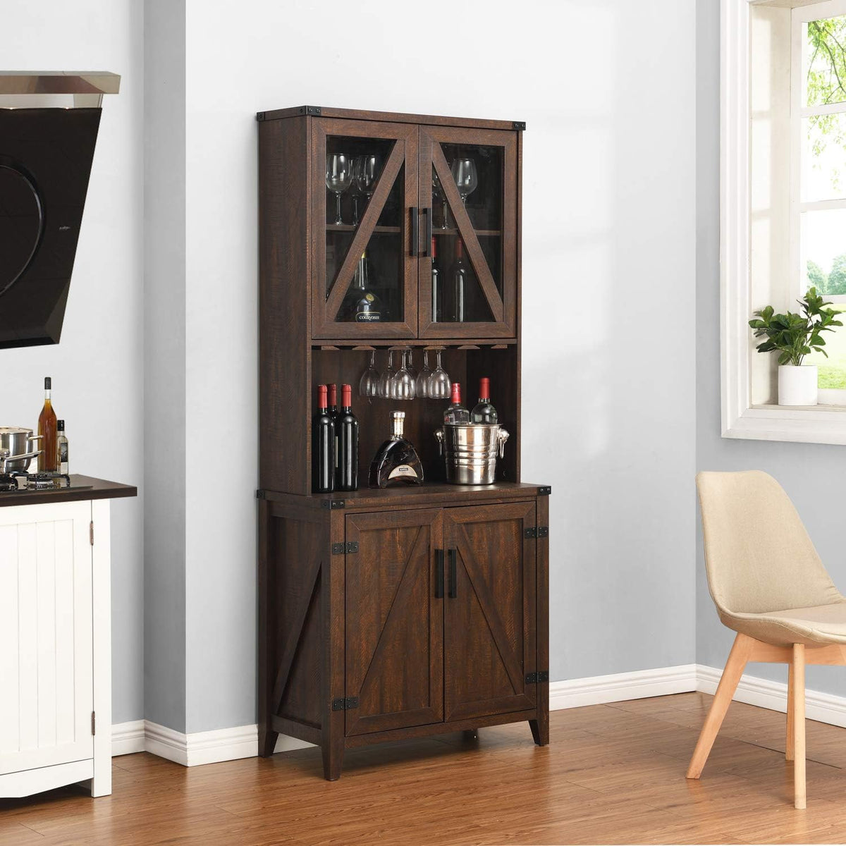 Bar Cabinet with Upper Glass Cabinet in Charcoal Finish H284752