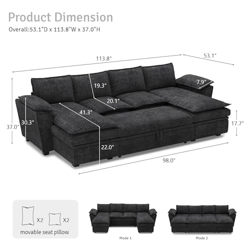 Oversized Modular Sectional Sleeper Sofa with Pull Out Bed and Storage Ottomans Chenille Black H9854