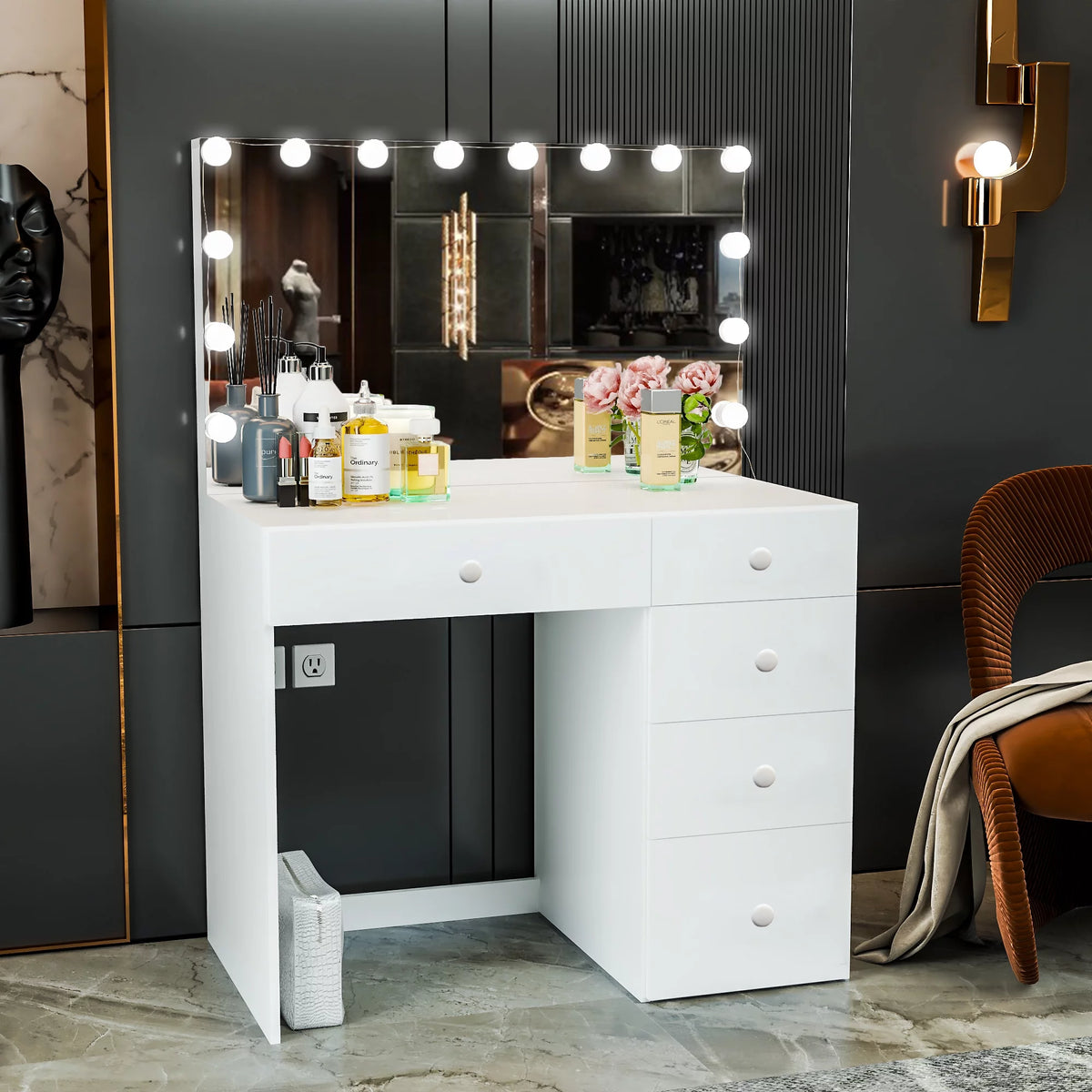 Modern White Vanity Desk with 5 Drawers U4659