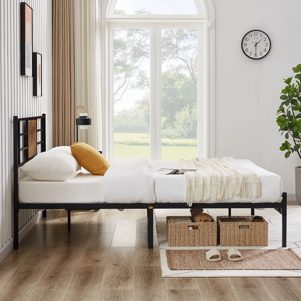 Queen Size Metal Platform Bed Frame with Wood Headboard O66186