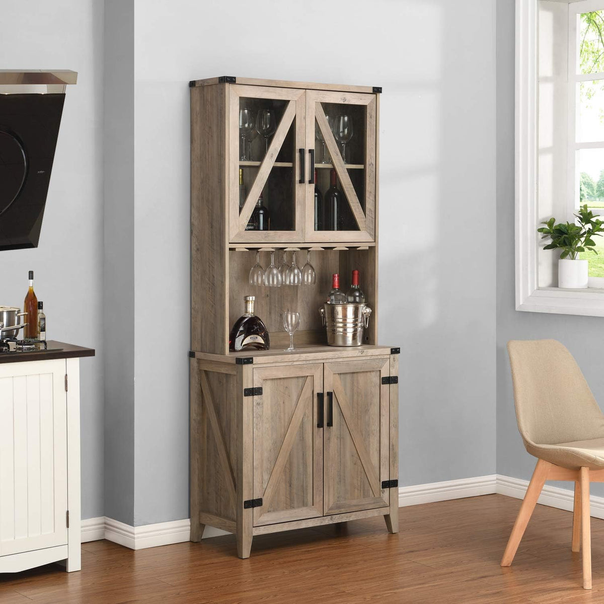 Bar Cabinet with Upper Glass Cabinet in Charcoal Finish H284752