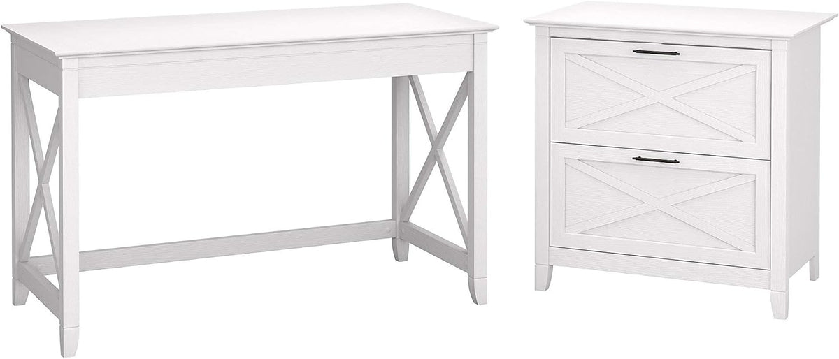 54W Computer Desk with Storage and 2 Drawer Lateral File Cabinet, Pure White Oak E77462