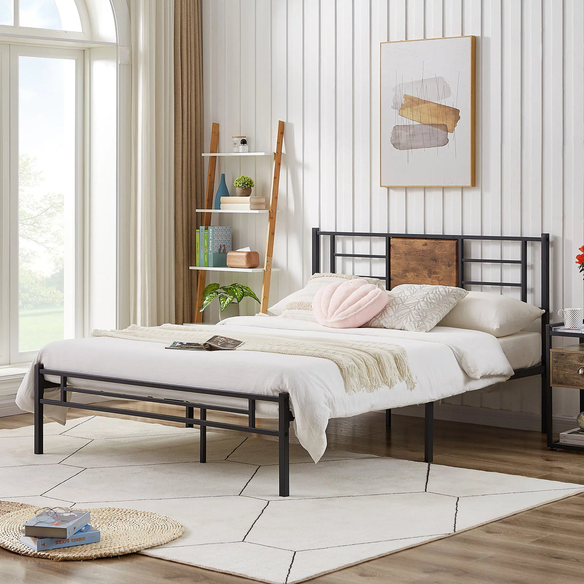 Queen Size Metal Platform Bed Frame with Wood Headboard O66186