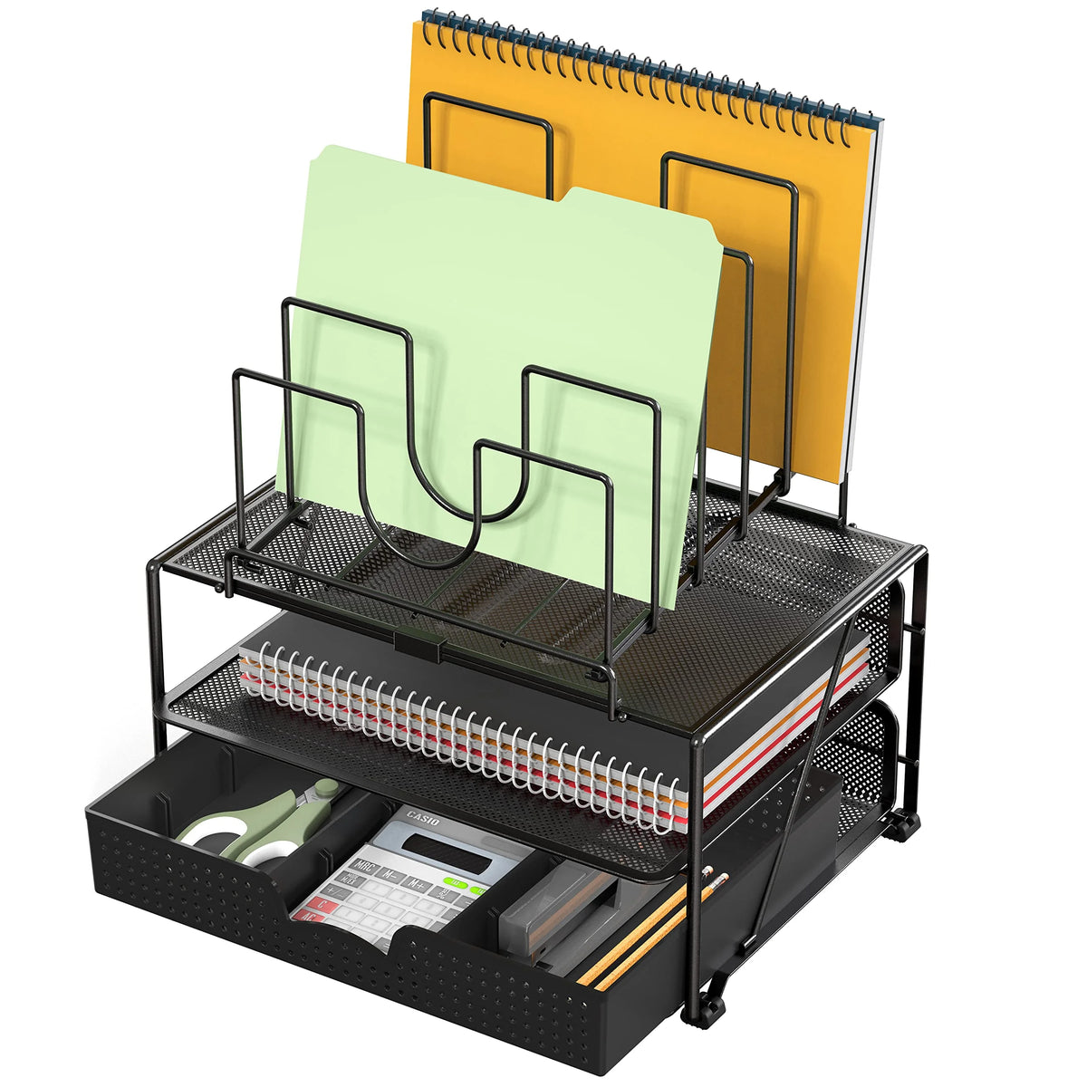 Black Mesh Desk Organizer with Double Tray and Sliding Drawer T86154