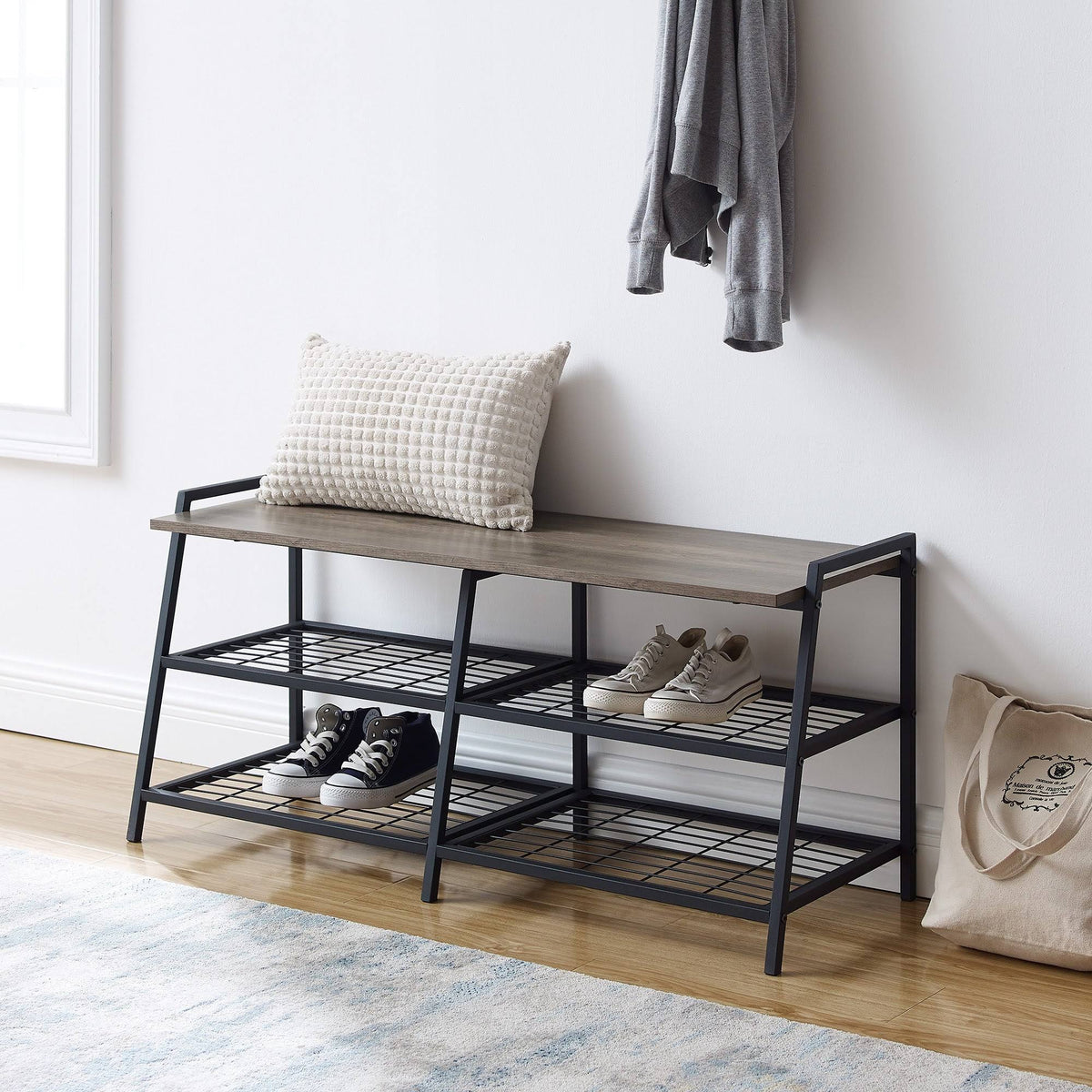 Industrial Shelf Entry Bench Grey Wash X9377