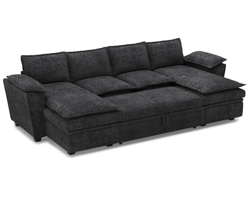 Oversized Modular Sectional Sleeper Sofa with Pull Out Bed and Storage Ottomans Chenille Black H9854
